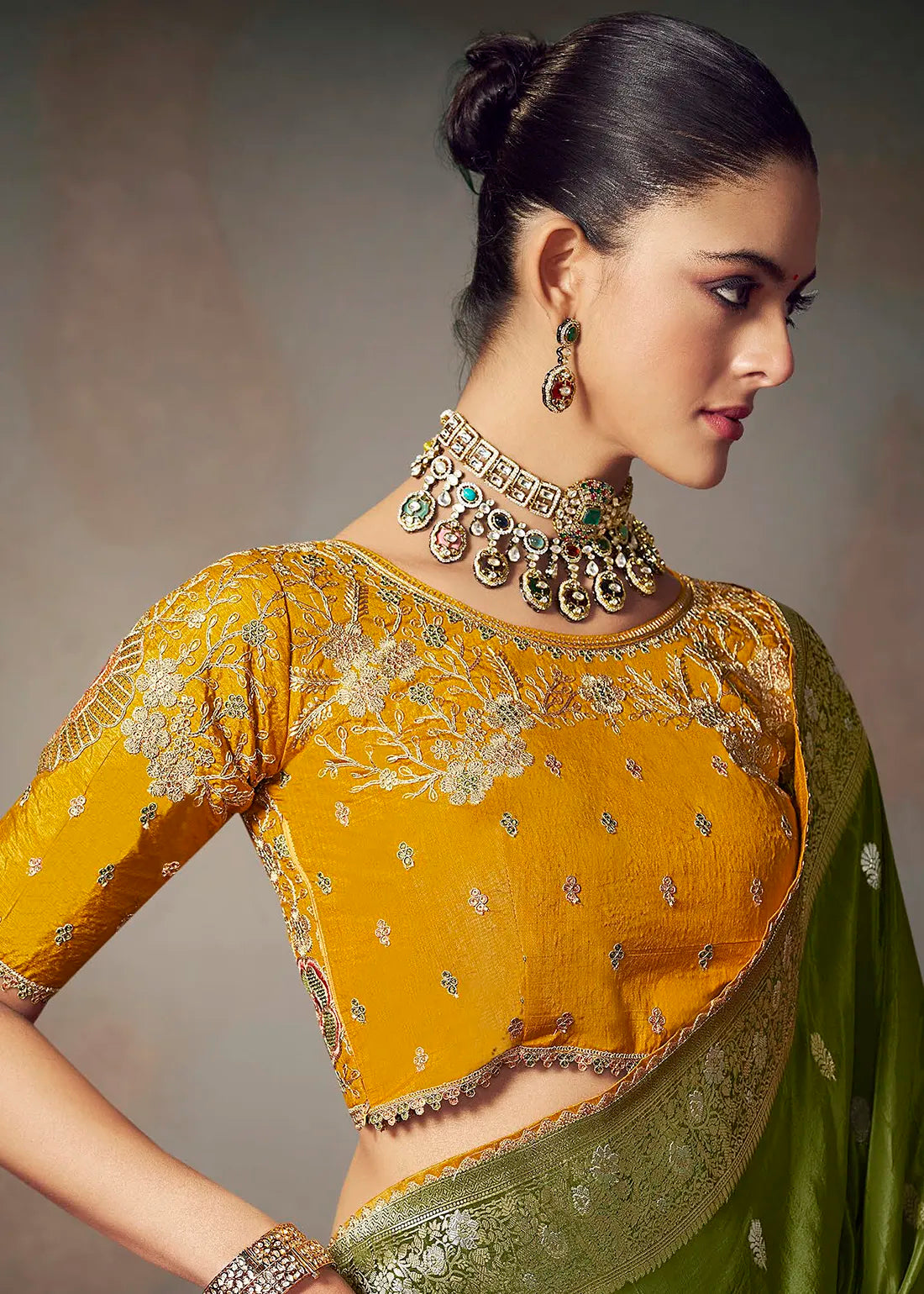 Faddism Mehendi Green Kamini Silk Chiniya Silk Designer Saree with Embroidered Blouse