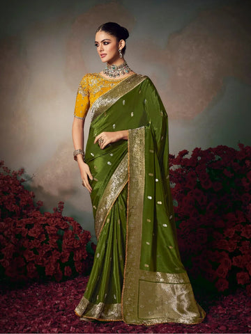 Faddism Mehendi Green Kamini Silk Chiniya Silk Designer Saree with Embroidered Blouse