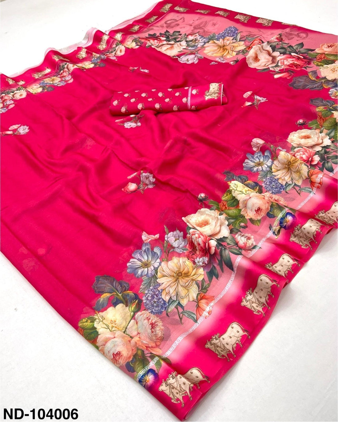 Faddism Nandi Georgette Saree with Satin Border & Pichwai Print