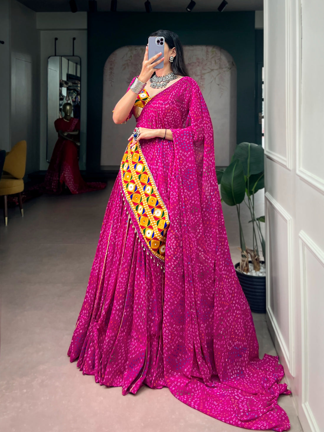 Faddism Navratri Georgette Bandhej Print Gamthi & Mirror Work Lehenga Choli Set with Dupatta