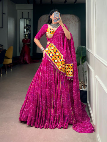 Faddism Navratri Georgette Bandhej Print Gamthi & Mirror Work Lehenga Choli Set with Dupatta