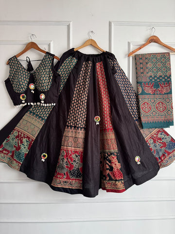 Faddism Navratri Heavy Ajrakh Cotton Mirror Work Chaniya Choli Set with Dupatta