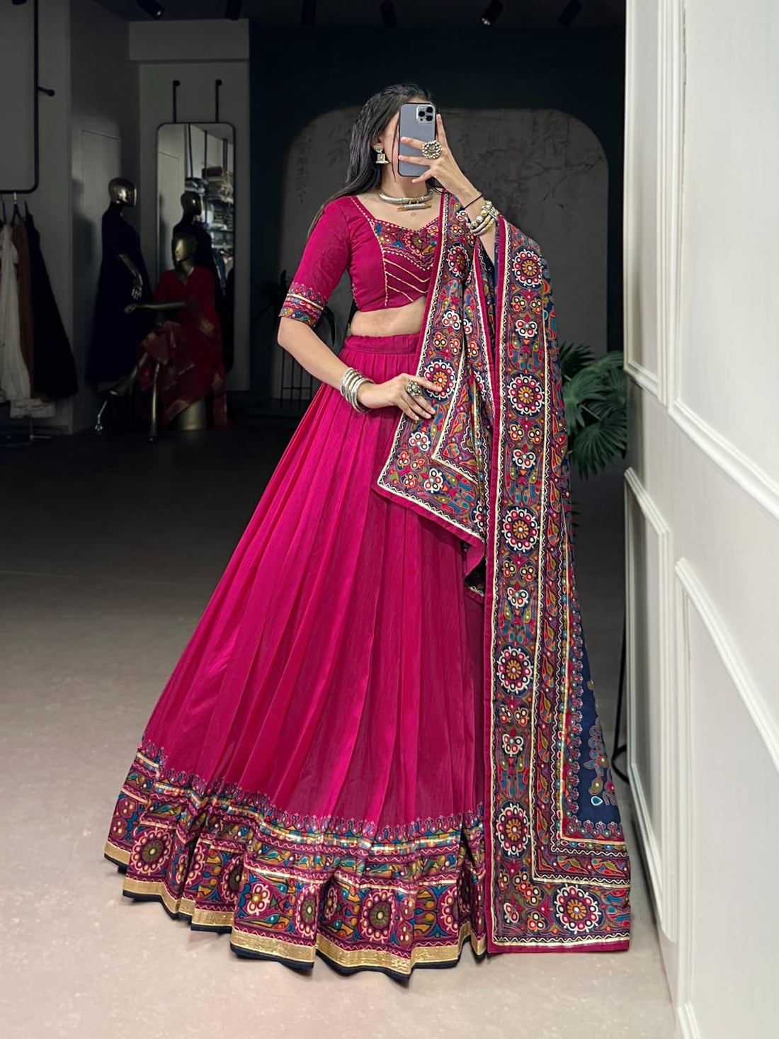Faddism Navratri Tasar Silk Gamthi Print Lehenga Choli with Gotta Patti Lace