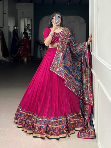 Faddism Navratri Tasar Silk Gamthi Print Lehenga Choli with Gotta Patti Lace