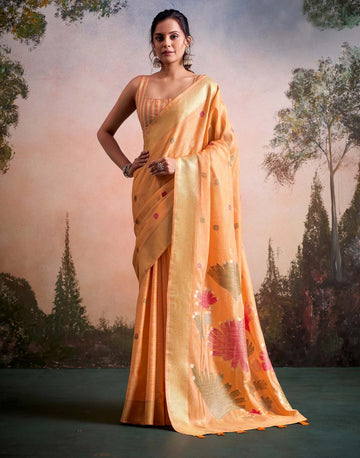 Faddism Orange Soloni Flower Linen Silk Saree