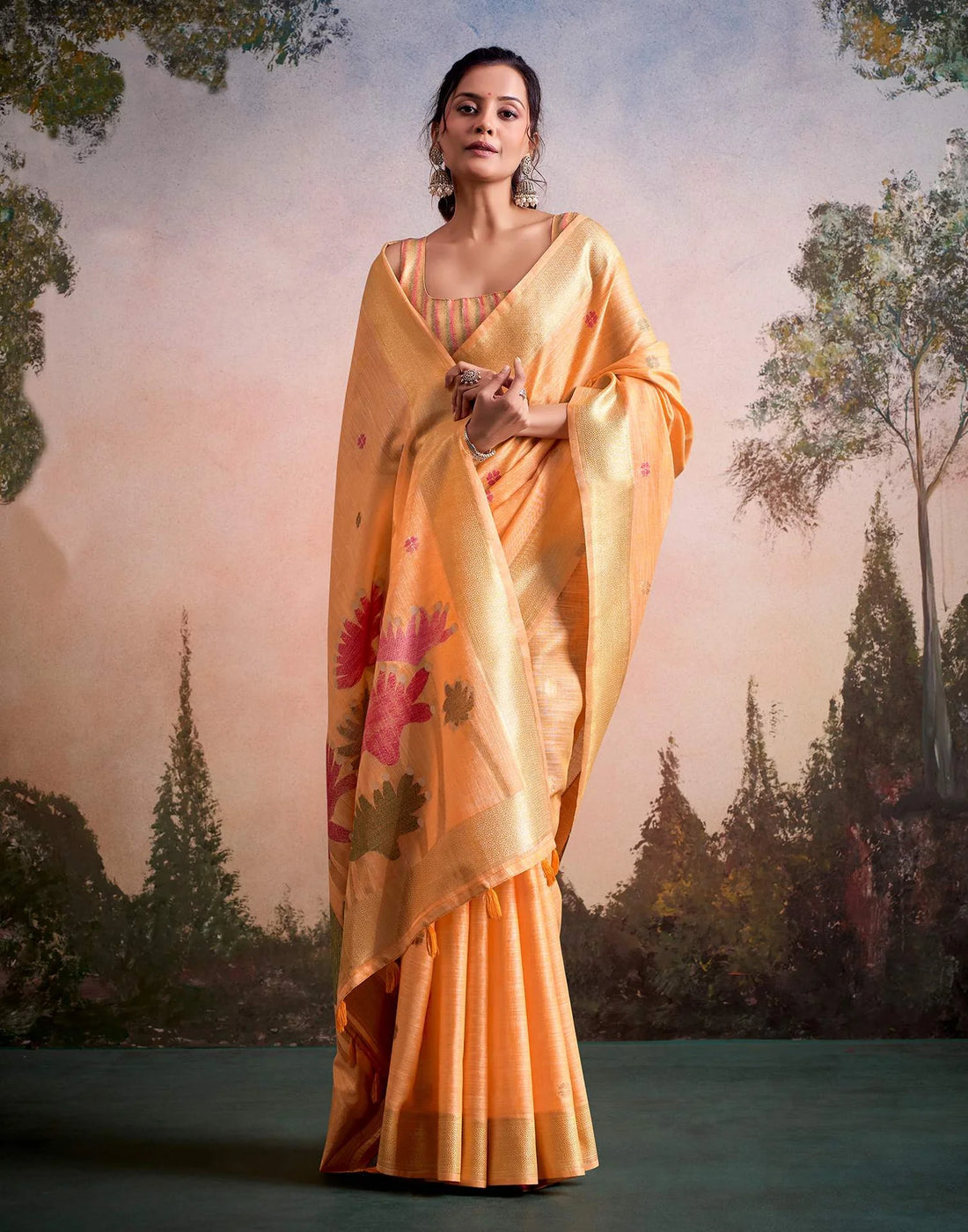 Faddism Orange Soloni Flower Linen Silk Saree