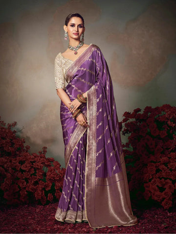 Faddism Orchid Purple Kamini Silk Chiniya Silk Designer Saree with Embroidered Blouse