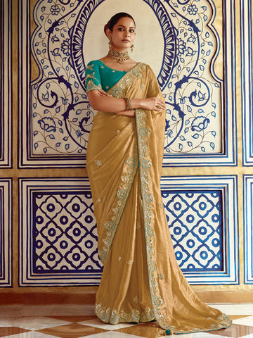 Faddism Pankhudi Golden Designer Saree with Hand Worked Border