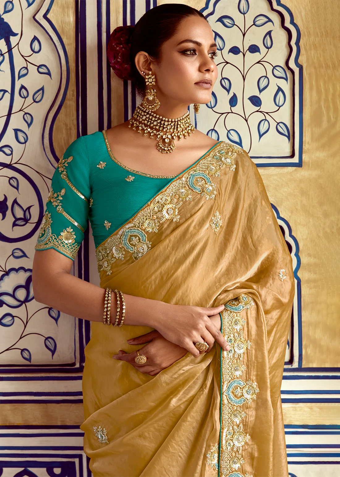 Faddism Pankhudi Golden Designer Saree with Hand Worked Border