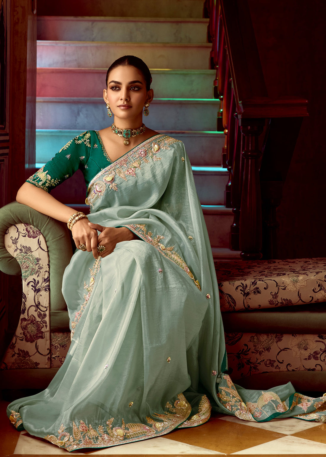 Faddism Pankhudi Green Designer Saree with Hand Worked Border