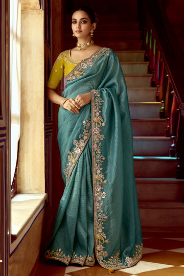 Faddism Pankhudi Teal Designer Saree with Hand Worked Border