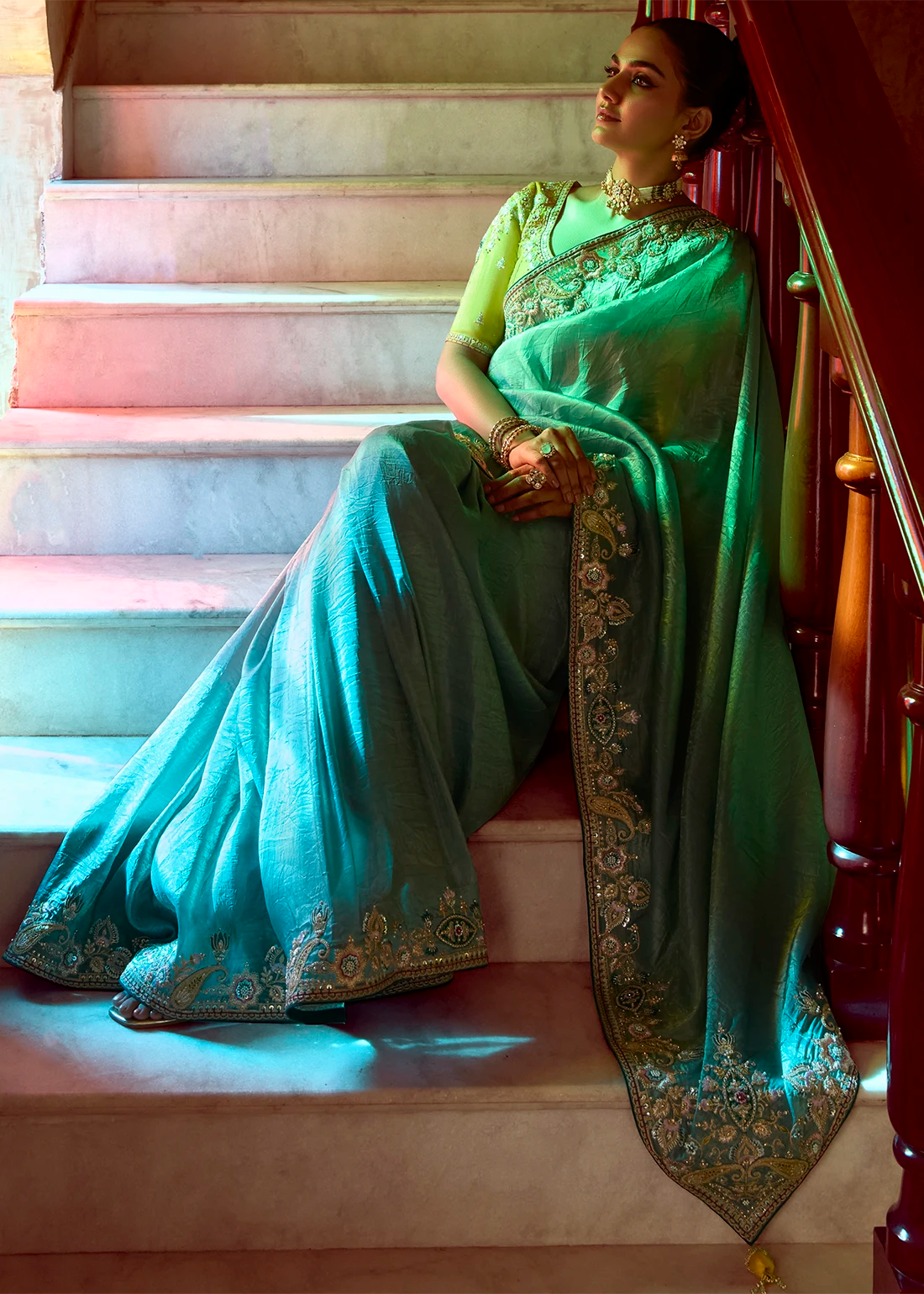 Faddism Pankhudi Teal Designer Saree with Hand Worked Border