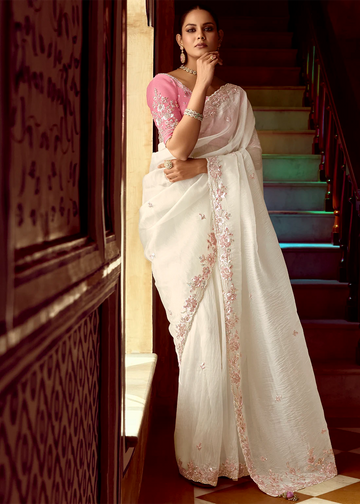 Faddism Pankhudi White Designer Saree with Hand Worked Border