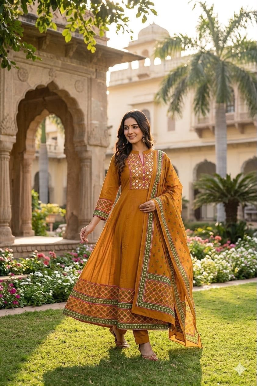 Faddism Premium Cotton 12 Kali Anarkali Suit Set with Dupatta