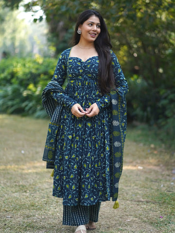 Faddism Premium Cotton Angrakha Anarkali Kurta Pant Set with Dupatta