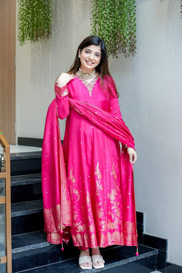 Faddism Premium Designer Anarkali Gown Pant Set with Banarasi Dupatta