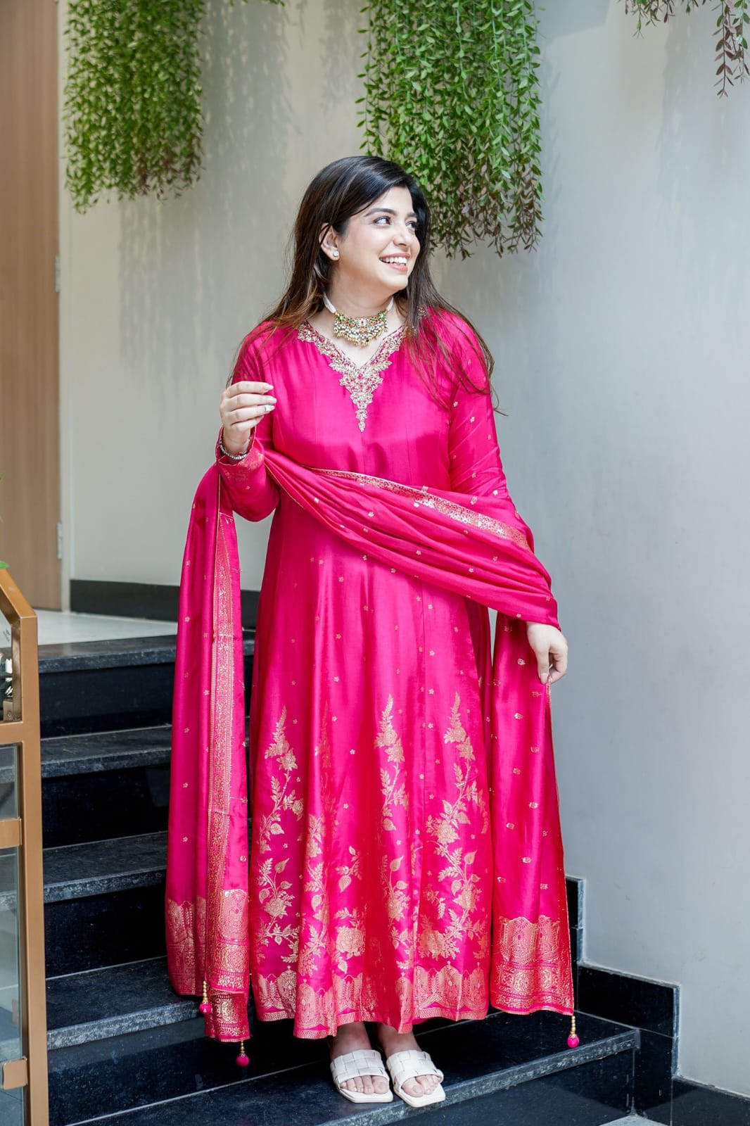 Faddism Premium Designer Anarkali Gown Pant Set with Banarasi Dupatta