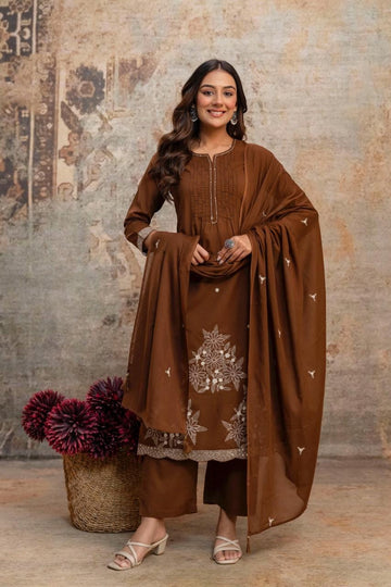 Faddism Premium Heavy Cotton Embroidered Kurti Pant Set with Cotton Dupatta