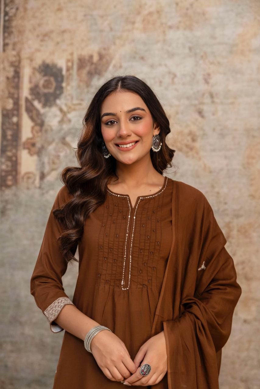 Faddism Premium Heavy Cotton Embroidered Kurti Pant Set with Cotton Dupatta