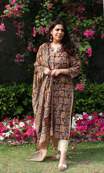 Faddism Premium Kalamkari Cotton Kurta Pant Set with Cotton Dupatta