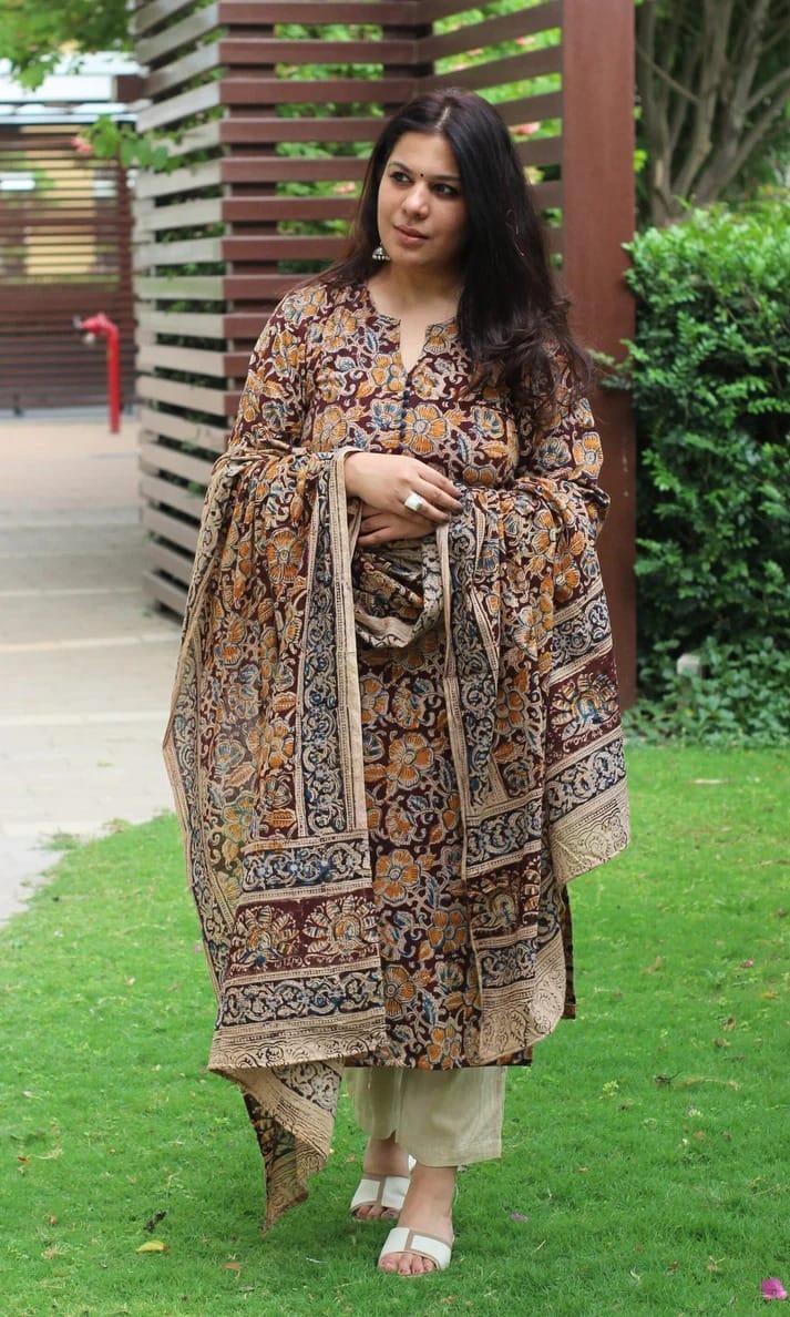 Faddism Premium Kalamkari Cotton Kurta Pant Set with Cotton Dupatta