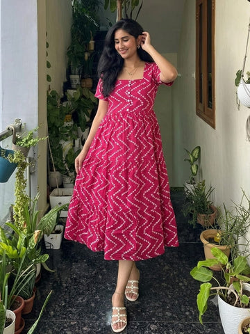 Faddism Premium Printed Cotton Midi Dress with Square Neck