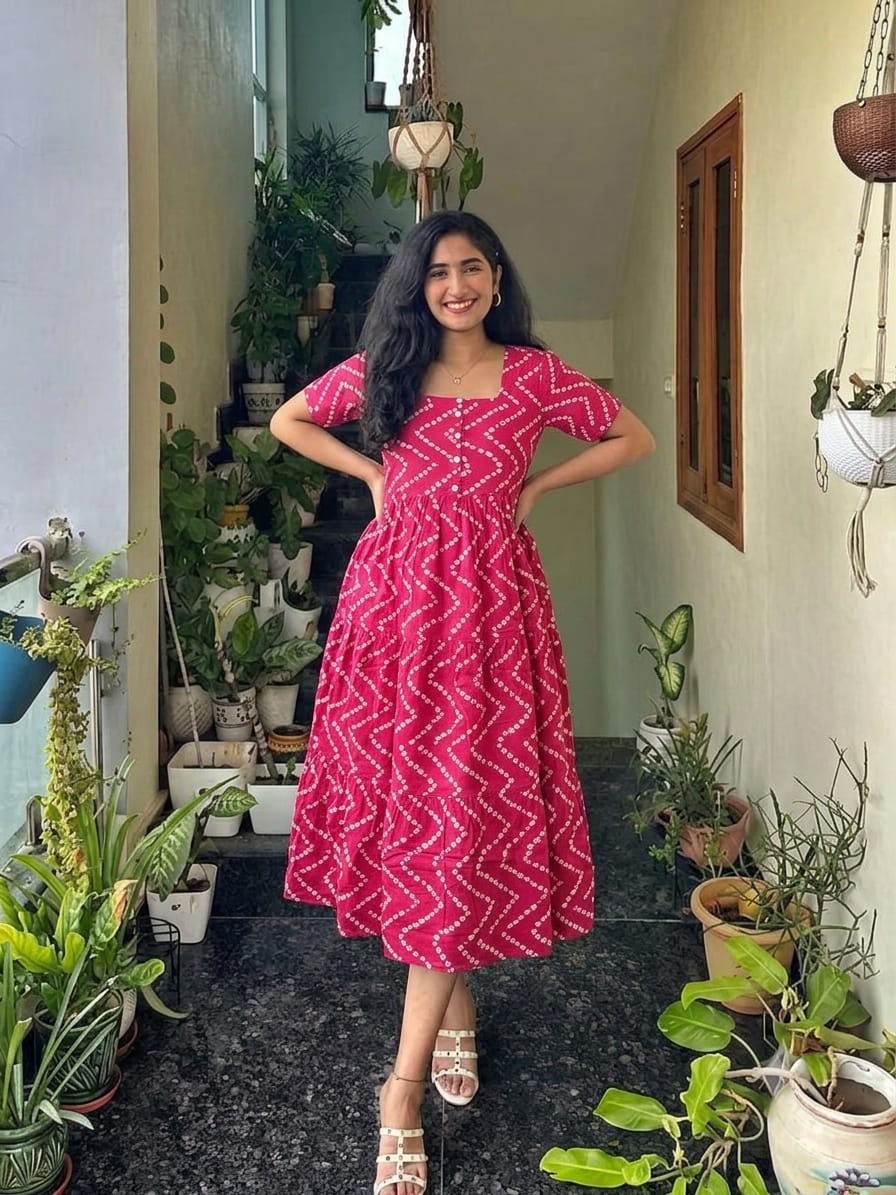 Faddism Premium Printed Cotton Midi Dress with Square Neck
