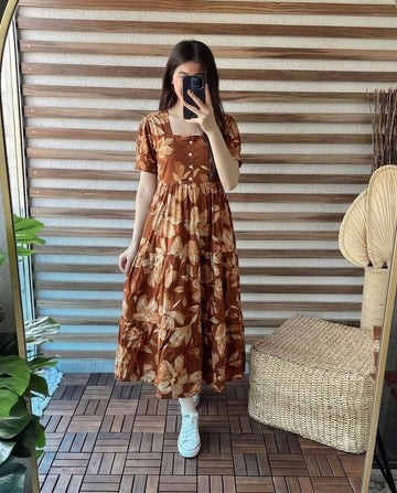 Faddism Premium Printed Cotton Midi Dress with Square Neck