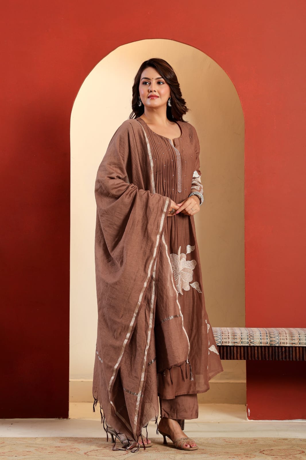 Faddism Premium Pure Cotton Embroidered Kurti Palazzo Set with Chanderi Silk Dupatta