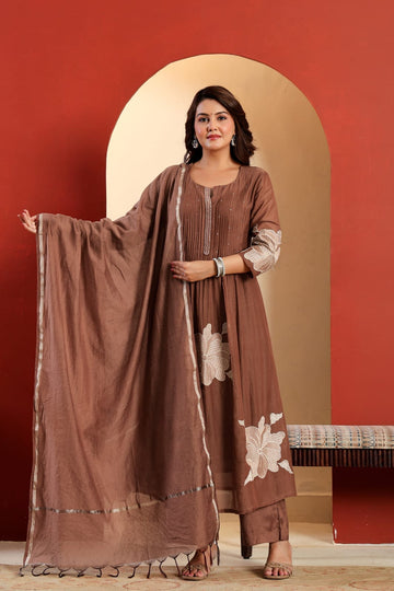Faddism Premium Pure Cotton Embroidered Kurti Palazzo Set with Chanderi Silk Dupatta