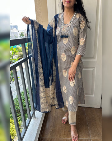 Faddism Premium Pure Cotton Statement Pocket Kurti Pant Set with Mulmul Dupatta