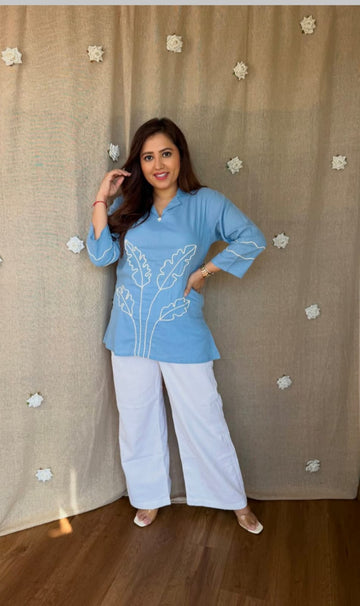 Faddism Pure Cotton Slub Embroidered Co-ord Set for Women