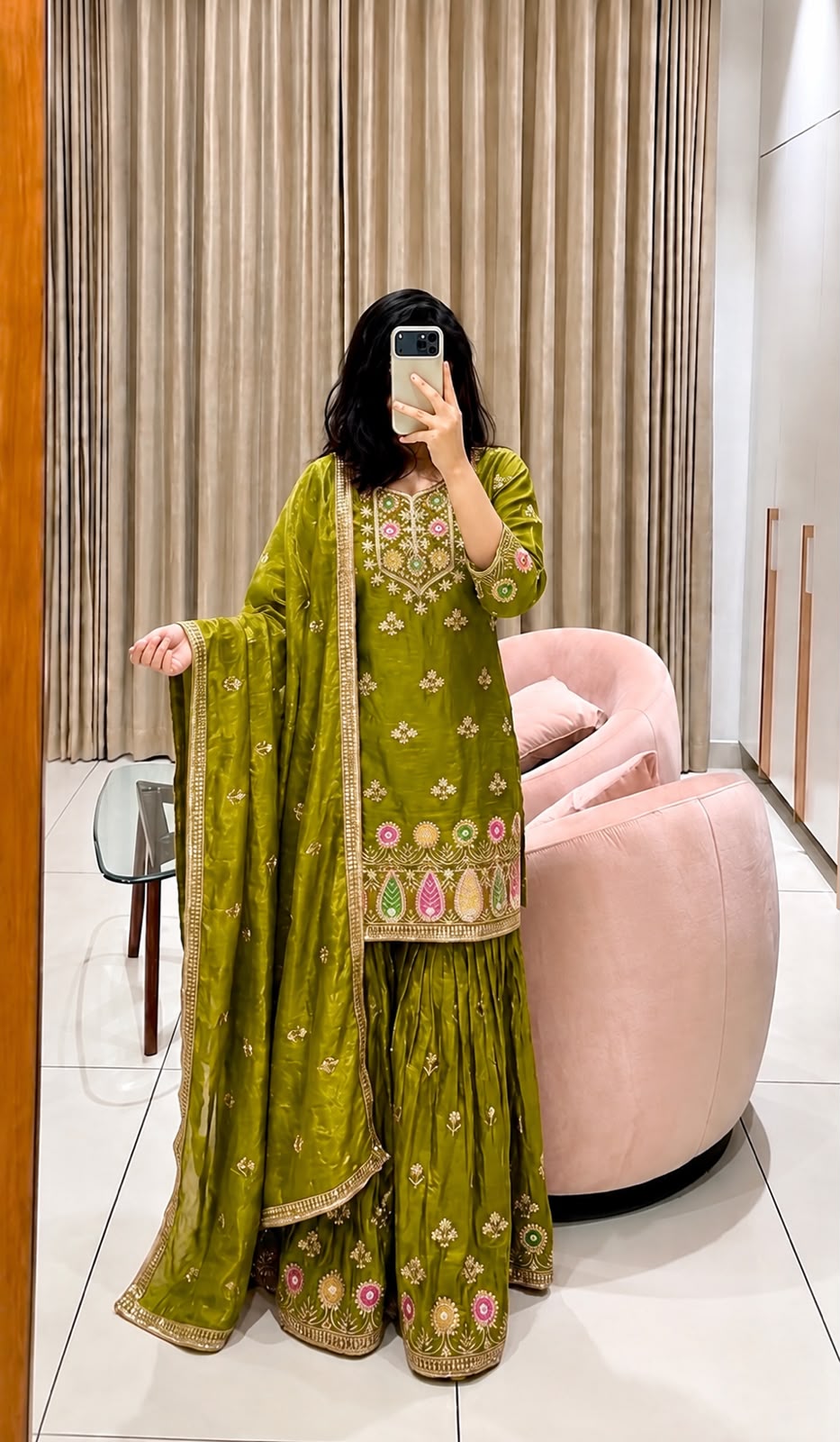 Faddism Pure Fendy Silk Embroidered Top Sharara Dupatta Set with 5mm Sequin Work