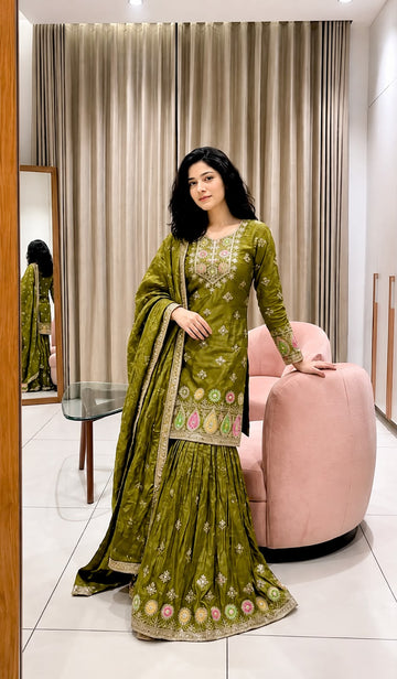 Faddism Pure Fendy Silk Embroidered Top Sharara Dupatta Set with 5mm Sequin Work
