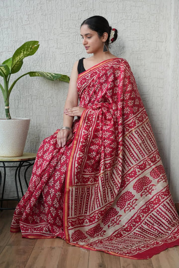 Faddism Pure Hand Block Printed Chanderi Silk Saree with Printed Blouse