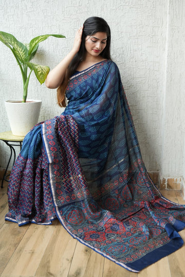 Faddism Pure Hand Block Printed Chanderi Silk Saree with Printed Blouse