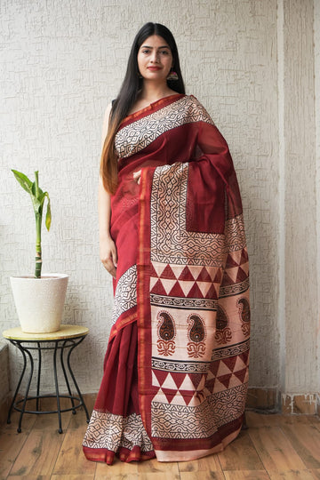 Faddism Pure Hand Block Printed Chanderi Silk Saree with Printed Blouse