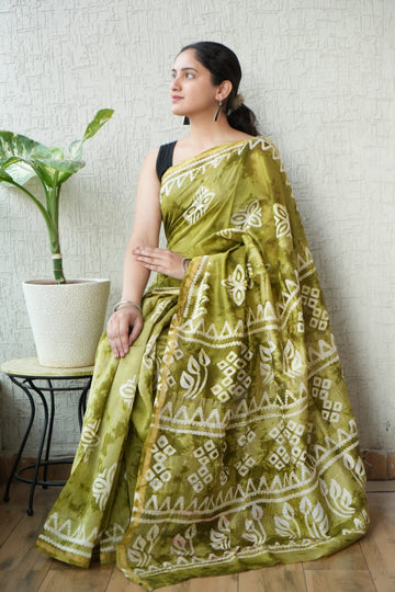 Faddism Pure Hand Block Printed Chanderi Silk Saree with Printed Blouse