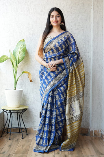 Faddism Pure Hand Block Printed Chanderi Silk Saree with Printed Blouse