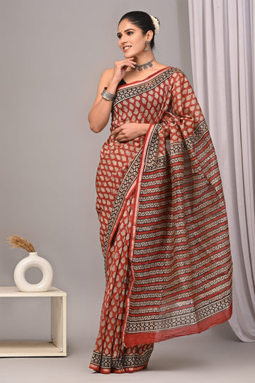 Faddism Pure Hand Block Printed Chanderi Silk Saree with Printed Blouse