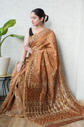 Faddism Pure Hand Block Printed Chanderi Silk Saree with Printed Blouse