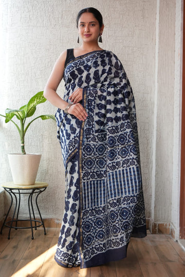 Faddism Pure Hand Block Printed Chanderi Silk Saree with Printed Blouse
