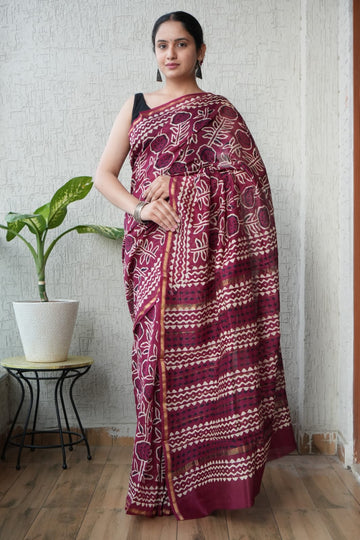 Faddism Pure Hand Block Printed Chanderi Silk Saree with Printed Blouse
