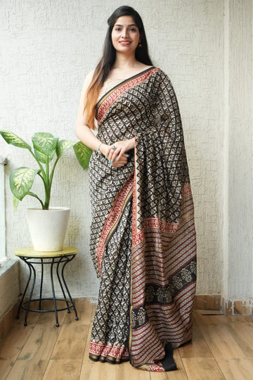 Faddism Pure Hand Block Printed Chanderi Silk Saree with Printed Blouse