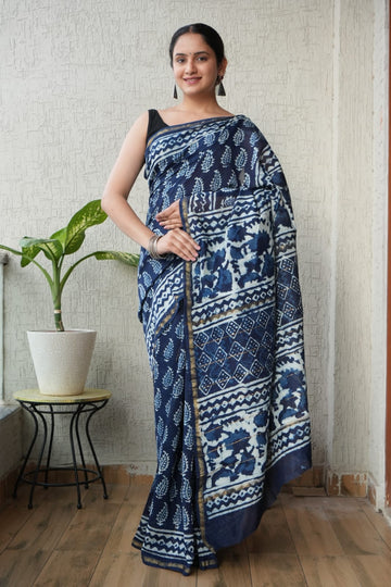 Faddism Pure Hand Block Printed Chanderi Silk Saree with Printed Blouse