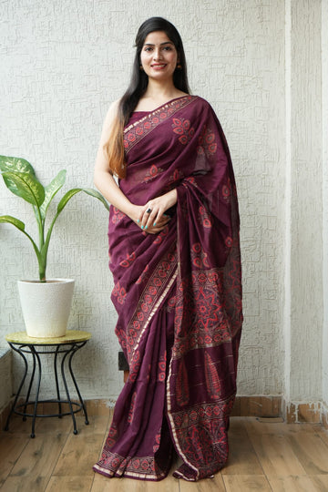 Faddism Pure Hand Block Printed Chanderi Silk Saree with Printed Blouse