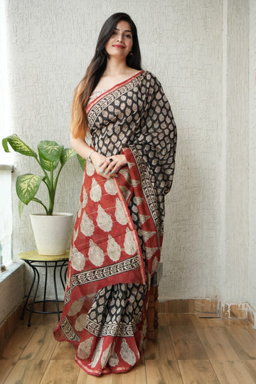 Faddism Pure Hand Block Printed Chanderi Silk Saree with Printed Blouse