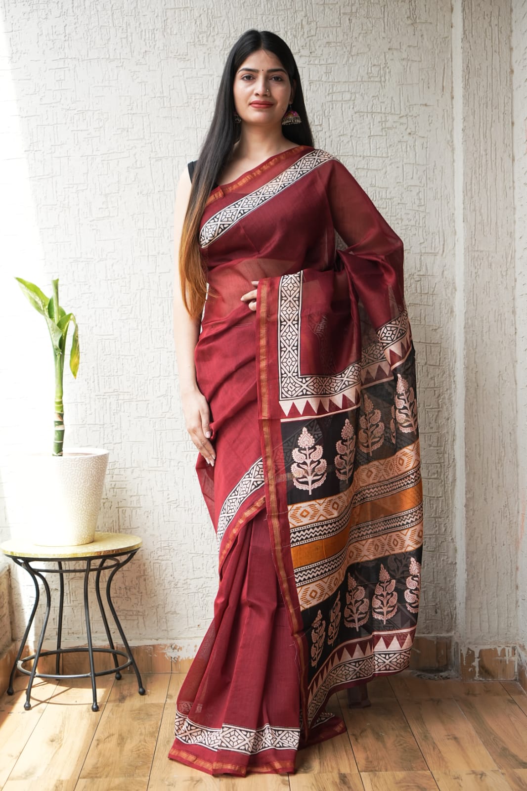 Faddism Pure Hand Block Printed Chanderi Silk Saree with Printed Blouse