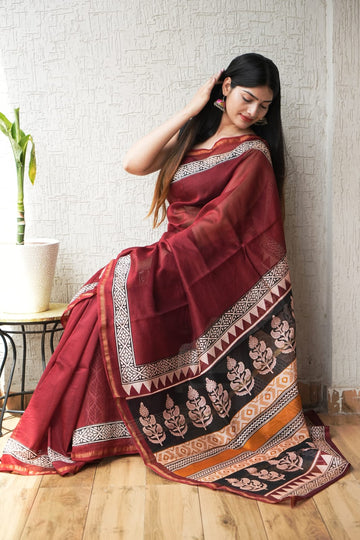 Faddism Pure Hand Block Printed Chanderi Silk Saree with Printed Blouse