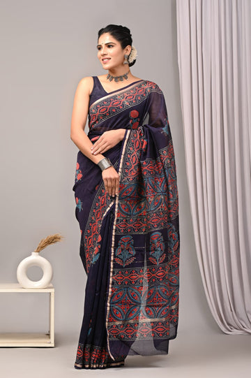 Faddism Pure Hand Block Printed Chanderi Silk Saree with Printed Blouse